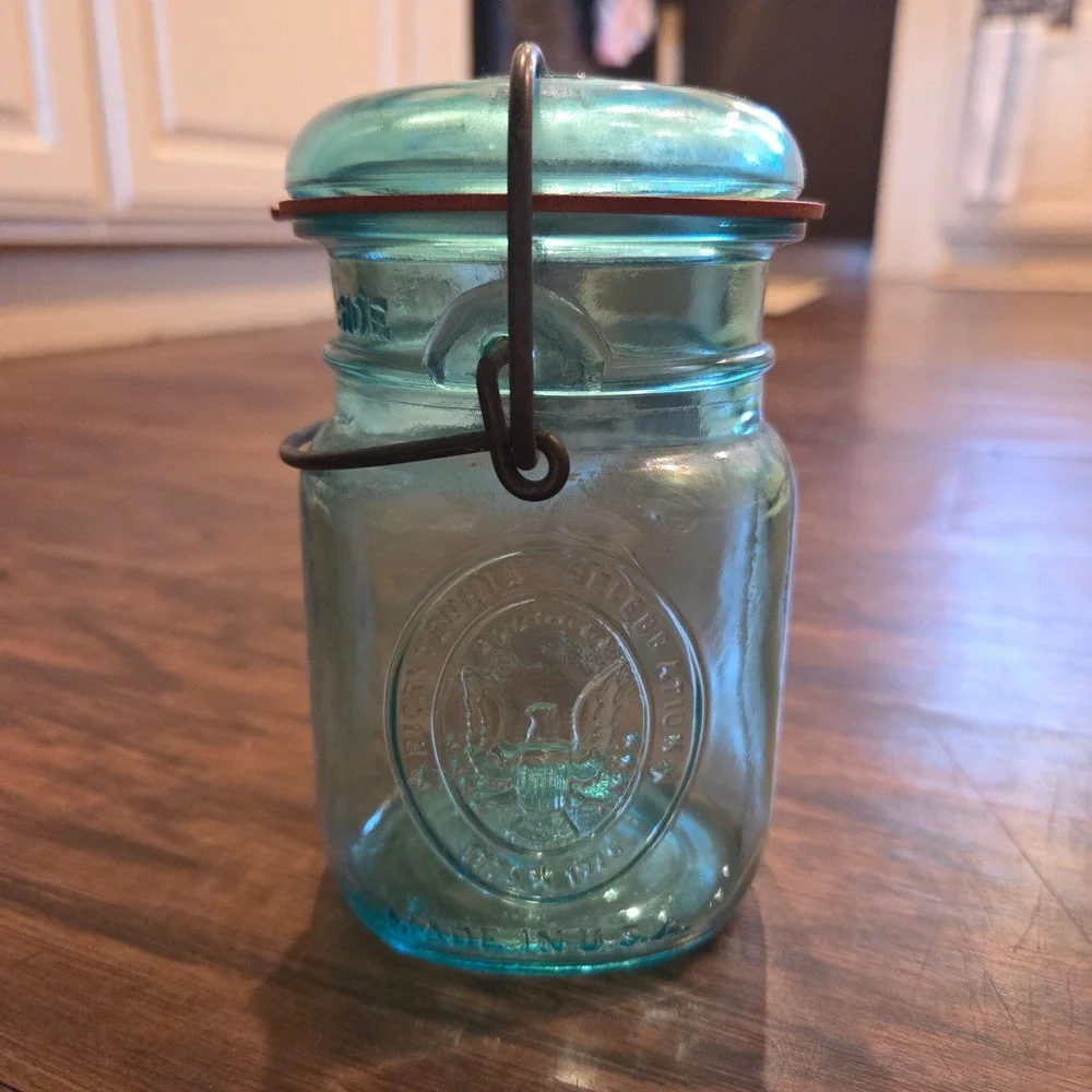 Ball Ideal Bicentennial Celebration Aqua Blue Glass Jar Wire Bail Lid 1776-1976